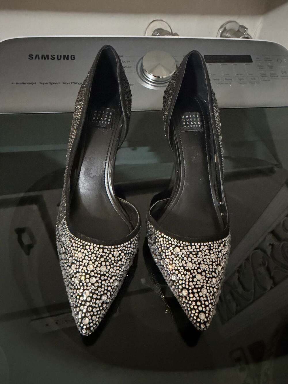 White House Black Market Black Rhinestone Pointed Toe Pumps, Size 6M